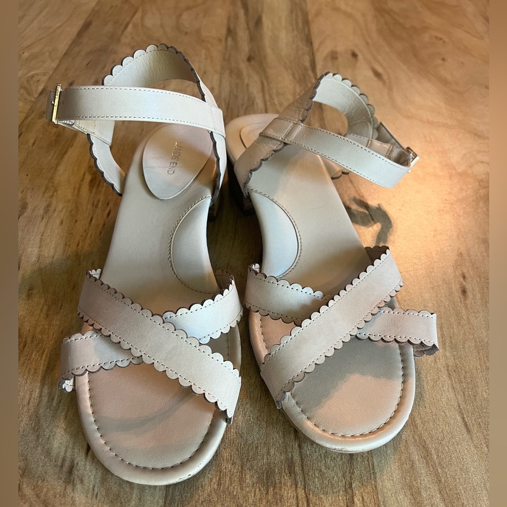 SOLD- Land’s End Nude Vegan Leather Heel Strappy scalloped Sandal